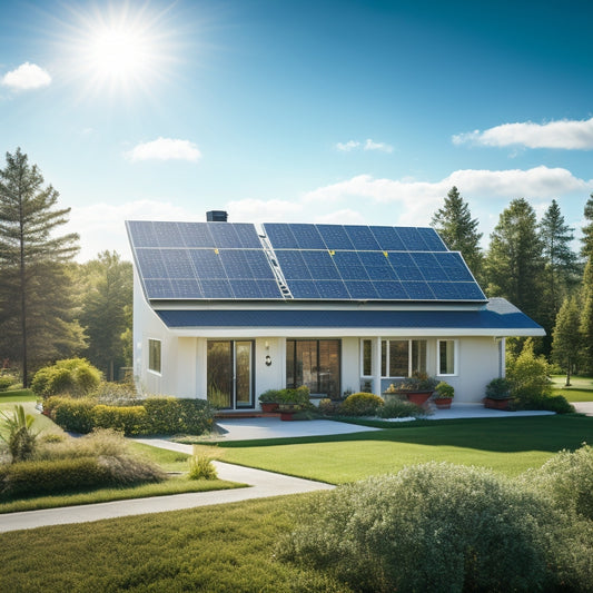 A bright blue sky with a few puffy white clouds, a modern suburban home with a sleek black solar panel array on the roof, surrounded by lush green trees and a manicured lawn.