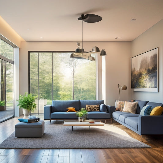 A serene, modern living room with floor-to-ceiling windows, lit by a combination of solar-powered pendant lights, LED strip lights under the couch, and a smart ceiling fan with built-in LEDs.
