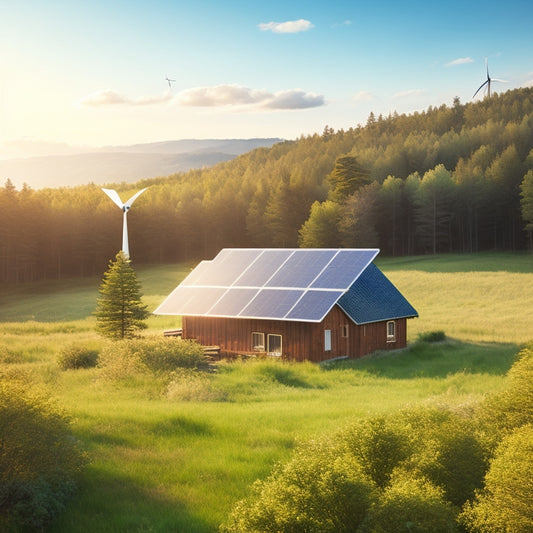 A serene landscape featuring a solar panel array on a grassy hill, a small wind turbine spinning gently, and a rustic wooden cabin surrounded by lush trees, with a clear blue sky above, symbolizing sustainable living.
