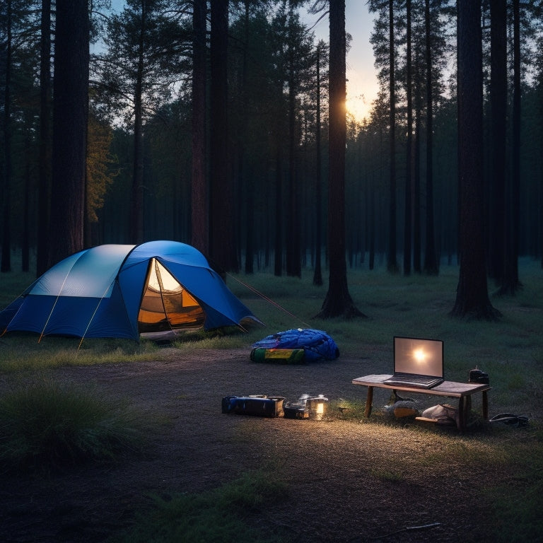 A serene forest campsite at dusk, with a portable solar power station discreetly placed beside a tent, its solar panels unfolded, powering a laptop and string lights amidst a scattering of camping gear.