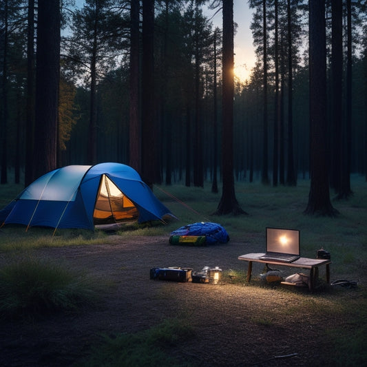 A serene forest campsite at dusk, with a portable solar power station discreetly placed beside a tent, its solar panels unfolded, powering a laptop and string lights amidst a scattering of camping gear.