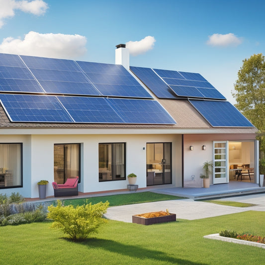 A split-screen illustration featuring a modern home with solar panels on the roof and a battery storage system in the background, alongside a calculator and spreadsheet with energy usage charts.