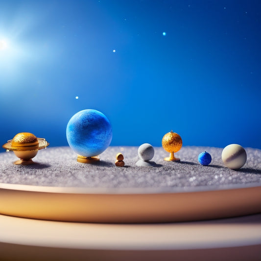 A serene, miniature solar system diorama set against a soft, gradient blue background, featuring tiny, intricately detailed planets and a small, shining sun at its center.