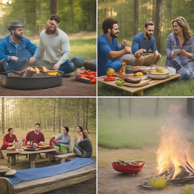 A vibrant campsite scene featuring various portable grills, sizzling meats and vegetables, surrounded by lush greenery, a glowing campfire, picnic tables with plates and utensils, and people enjoying a sunny outdoor adventure.