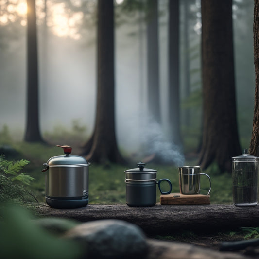 A serene forest campsite at dawn, with a reusable water bottle and coffee mug on a portable stove, surrounded by a few leaves and twigs, and a faint mist rising from the trees.