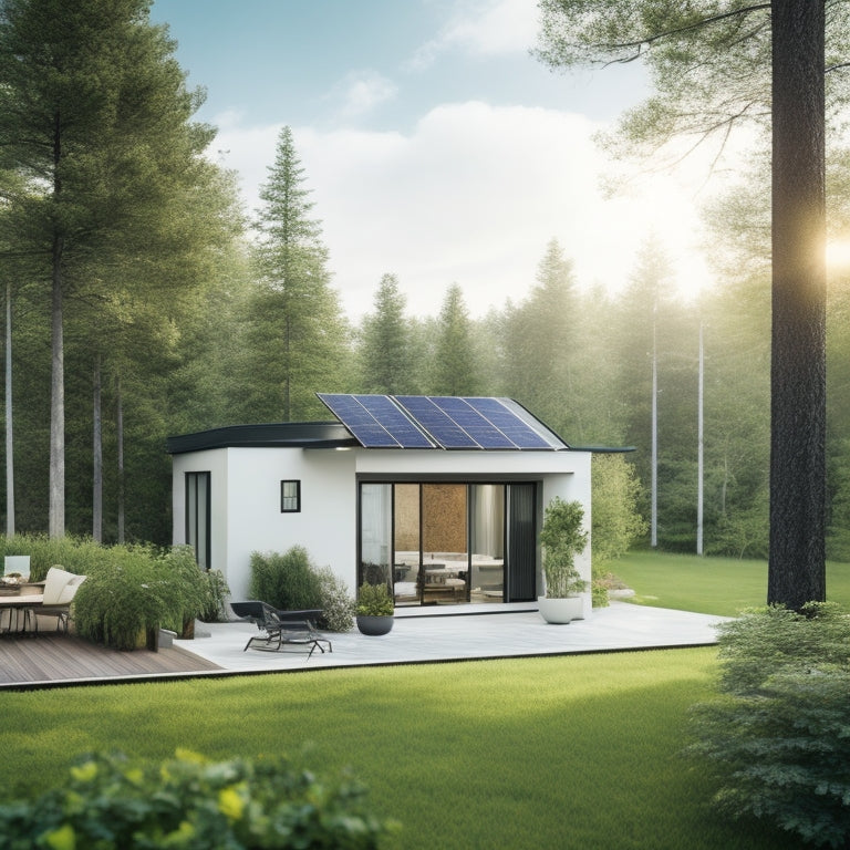 A serene, modern home with solar panels on the roof, a wind turbine in the backyard, and a sleek, compact battery storage system visible through a large window, surrounded by lush greenery.