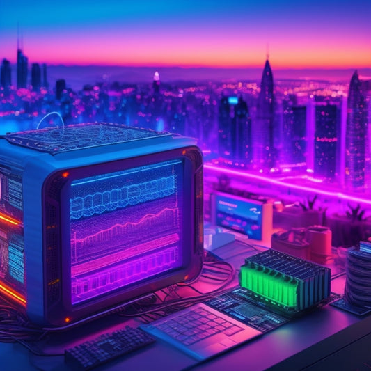 A futuristic illustration of a computer screen displaying a battery bank design interface, surrounded by colorful wires, batteries, and circuit boards, with a subtle background of a cityscape at sunset.