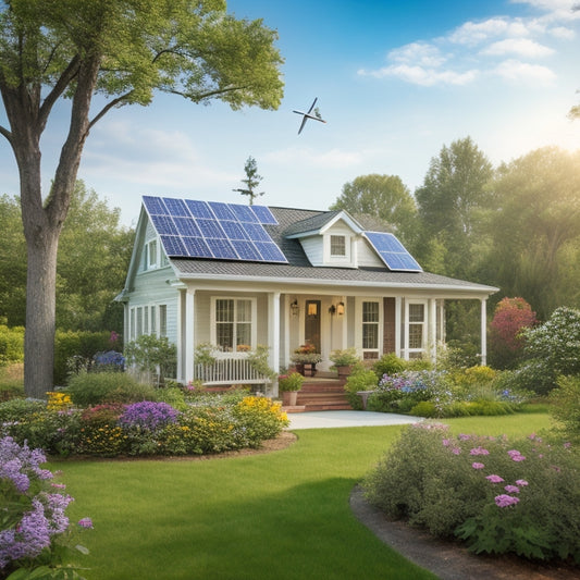 A serene suburban home with solar panels on the roof, a wind turbine in the backyard, and a lush green garden surrounded by blooming flowers and a few birds perched on a branch.