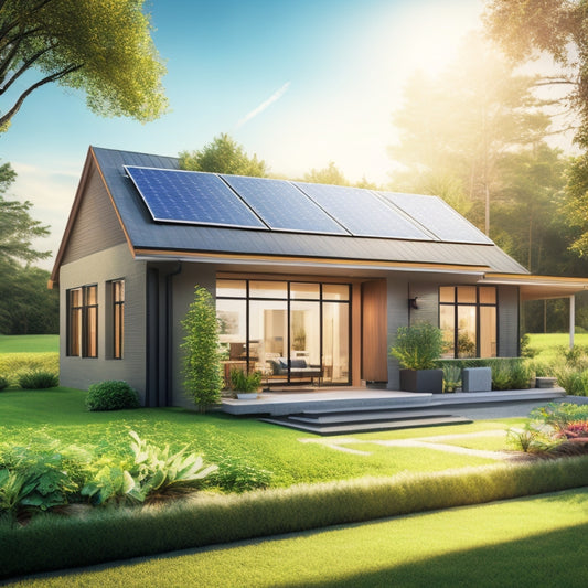 An illustration of a modern home's exterior with solar panels on the roof, a clipboard with a checklist and a pencil lying on a lawn, surrounded by lush greenery and a subtle sunshine effect.