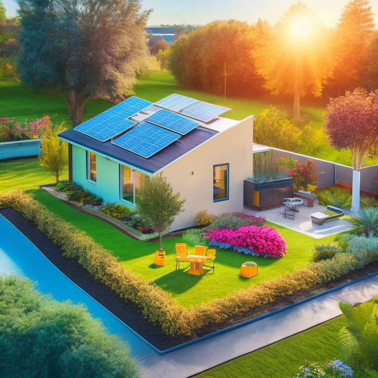 A colorful illustration of a modern home's backyard, featuring a sleek, silver battery bank surrounded by solar panels, a small wind turbine, and a garden with greenery, all interconnected by wires and pipes.