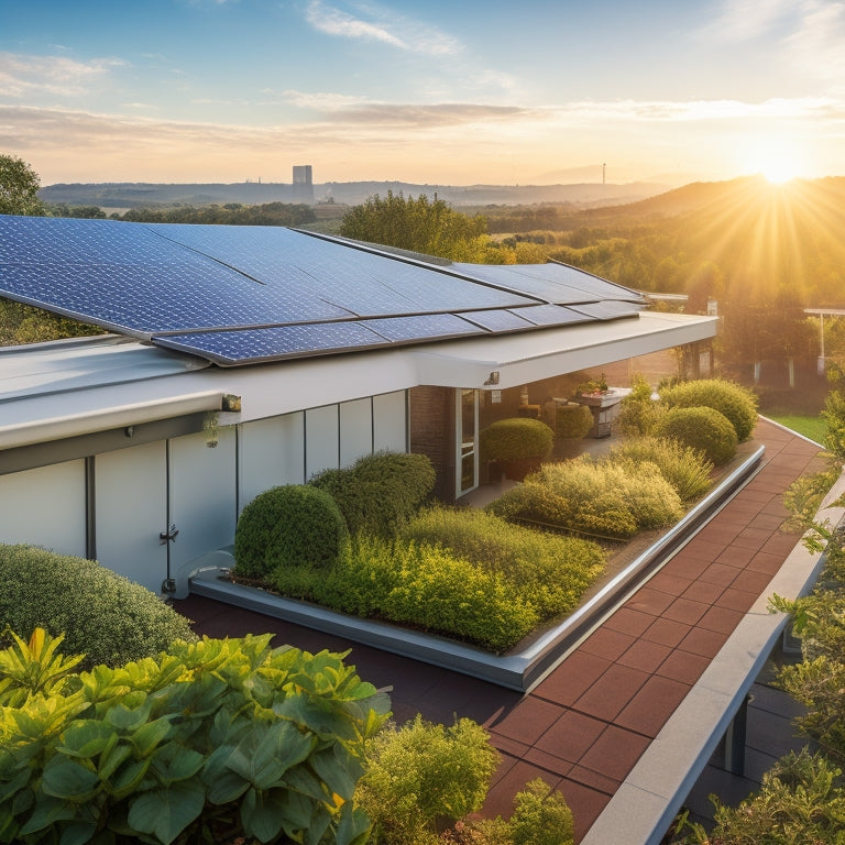 A sunlit rooftop adorned with sleek solar panels, surrounded by vibrant green plants, featuring essential accessories like mounting brackets, inverters, and battery storage, all reflecting the harmony of technology and nature in renewable energy.