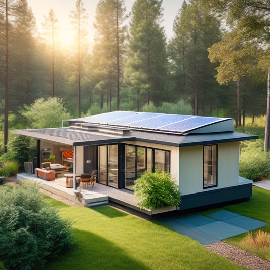 A serene, modern home with a lush green roof, surrounded by trees, featuring a sleek solar panel array on the roof, and a compact energy storage system in the backyard.