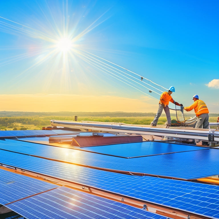 A vibrant rooftop scene showcasing solar panels being installed, with a skilled technician on a ladder, tools scattered around, blue sky above, and solar rays reflecting off the panels, emphasizing renewable energy and green technology.