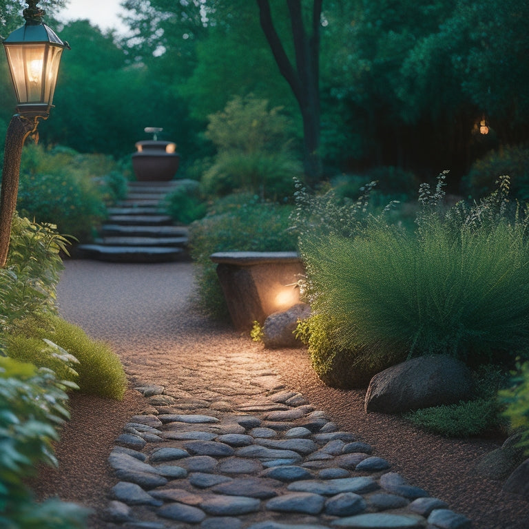 A serene garden at dusk, featuring stylish pathway lights illuminating a winding stone path. Lush greenery surrounds, soft glowing orbs cast warm light, creating an inviting atmosphere with twinkling stars above.