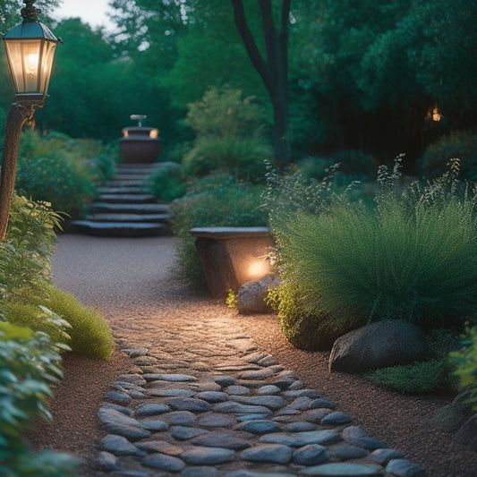 A serene garden at dusk, featuring stylish pathway lights illuminating a winding stone path. Lush greenery surrounds, soft glowing orbs cast warm light, creating an inviting atmosphere with twinkling stars above.