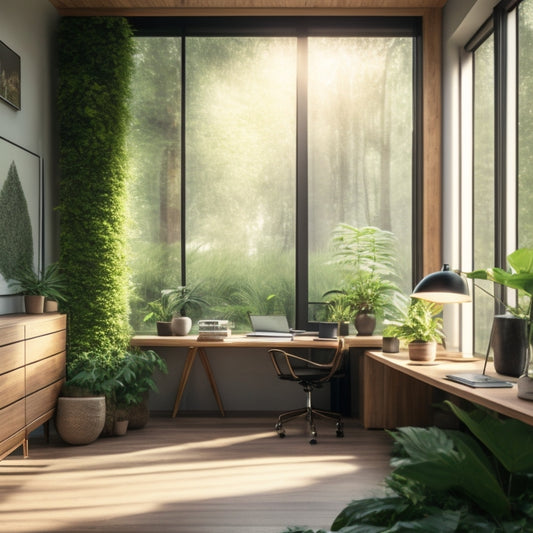 A serene office space with a minimalist wooden desk, surrounded by lush greenery, featuring a floor-to-ceiling living wall, and natural light pouring in through a large window with solar-powered shades.