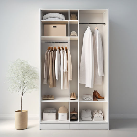A modern, sleek, and minimalist wardrobe with a solar panel integrated into the top shelf, surrounded by neatly organized clothes and accessories, set against a soft, creamy white background.