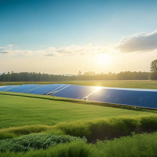 A serene landscape with a row of spotless solar panels, glistening with dew, set against a bright blue sky with a few wispy white clouds, surrounded by lush greenery and a subtle mist.