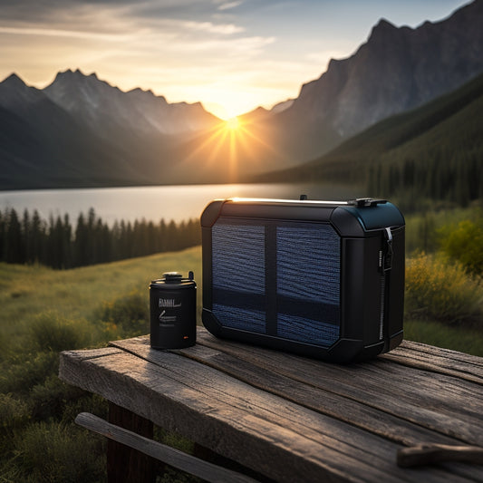A sleek, black portable power pack with a detachable, foldable solar panel, surrounded by camping gear and a serene mountainous landscape at sunset.