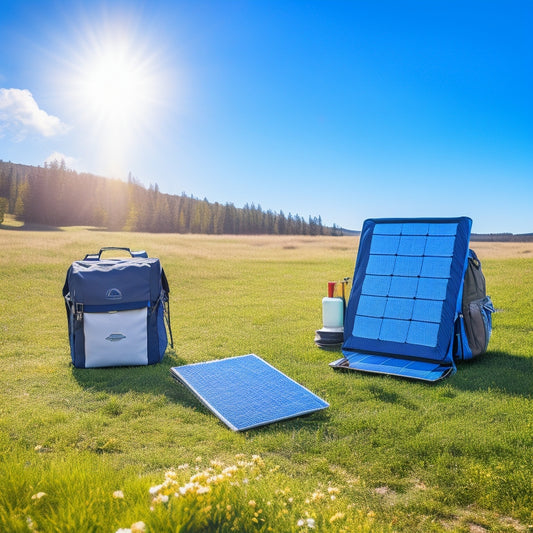 A serene outdoor setting with a portable solar panel kit unfolded on a grassy hill, surrounded by a backpack, camping gear, and a few solar-powered devices, under a bright blue sky with fluffy white clouds.