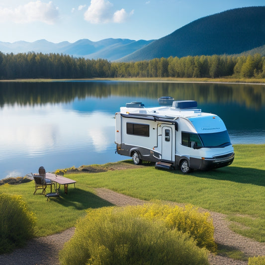 A serene lakeside RV setup with a solar panel array on the roof, a wind turbine spinning in the distance, and a battery bank visible beneath the RV, surrounded by lush greenery and a clear blue sky.