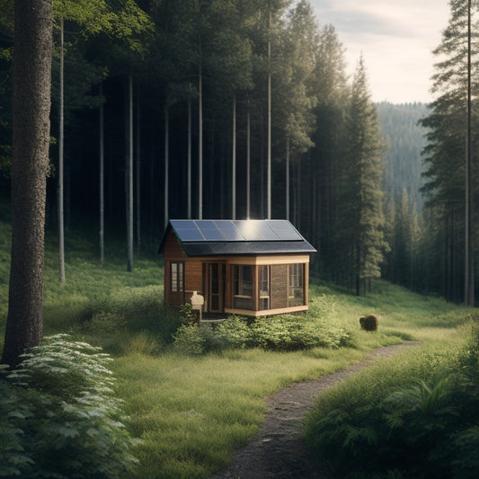 A serene, isolated cabin surrounded by lush greenery, with a roof-mounted solar panel array, a wind turbine in the distance, and a battery bank visible through a window.