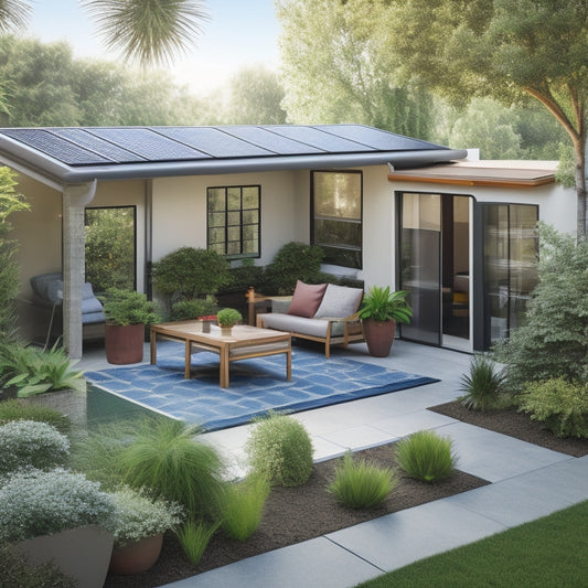 A serene backyard with a modern solar panel array on the roof, a sleek home battery unit in the corner, and a few lush green plants surrounding a small patio with a hammock.