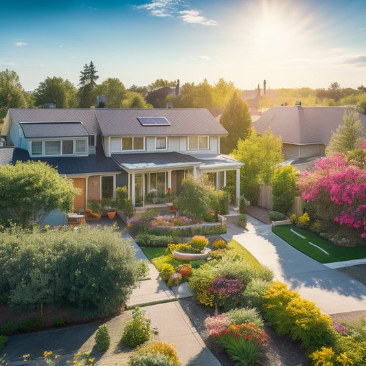 A sun-drenched suburban neighborhood with sleek solar panels on rooftops, surrounded by lush greenery, vibrant flowers, and a clear blue sky, showcasing energy-efficient homes and a sense of sustainable living.