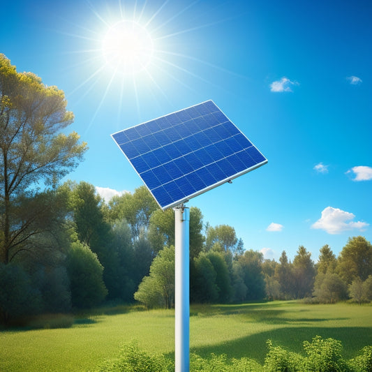 A stylized illustration of a solar panel array mounted on a sleek, silver pole, set against a bright blue sky with a few puffy white clouds, surrounded by lush greenery.