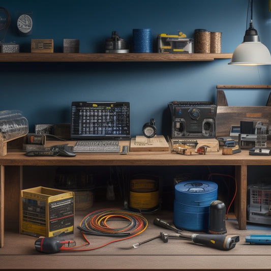 An organized workspace with various tools and materials, including a drill, wires, circuit breaker, and a partially installed home panel, surrounded by measurement tapes and a level.