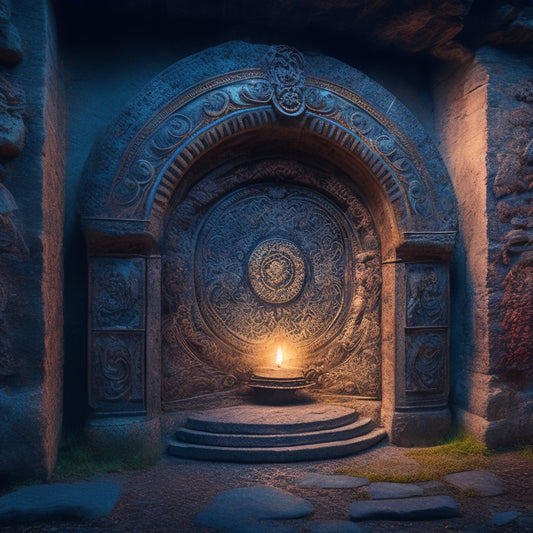 A surreal, dreamlike scene: a massive, ancient, worn stone door with intricate carvings, slightly ajar, revealing a swirling vortex of colors and shapes, surrounded by faint, flickering candlelight.
