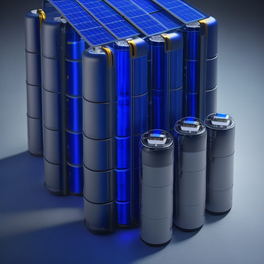 A futuristic, sleek, and modern solar power battery bank system with rows of silver cylindrical batteries, connected to a central hub, surrounded by solar panels and wires, set against a dark blue background.