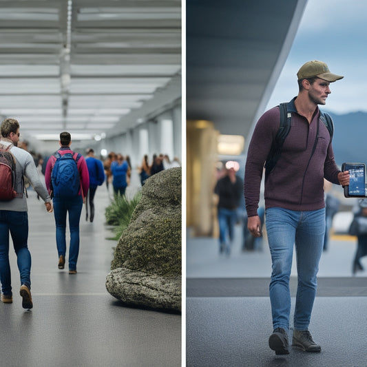 A split-screen image: a person hiking with a portable power bank and smartphone, contrasted with a crowded airport outlet scene, highlighting the freedom and convenience of budget-friendly power on the go.