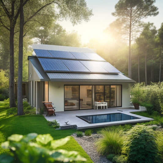 A serene backyard with a modern house, surrounded by lush greenery, featuring a sleek solar panel array on the roof, with a subtle hint of sunlight reflection and a faint grid pattern in the background.