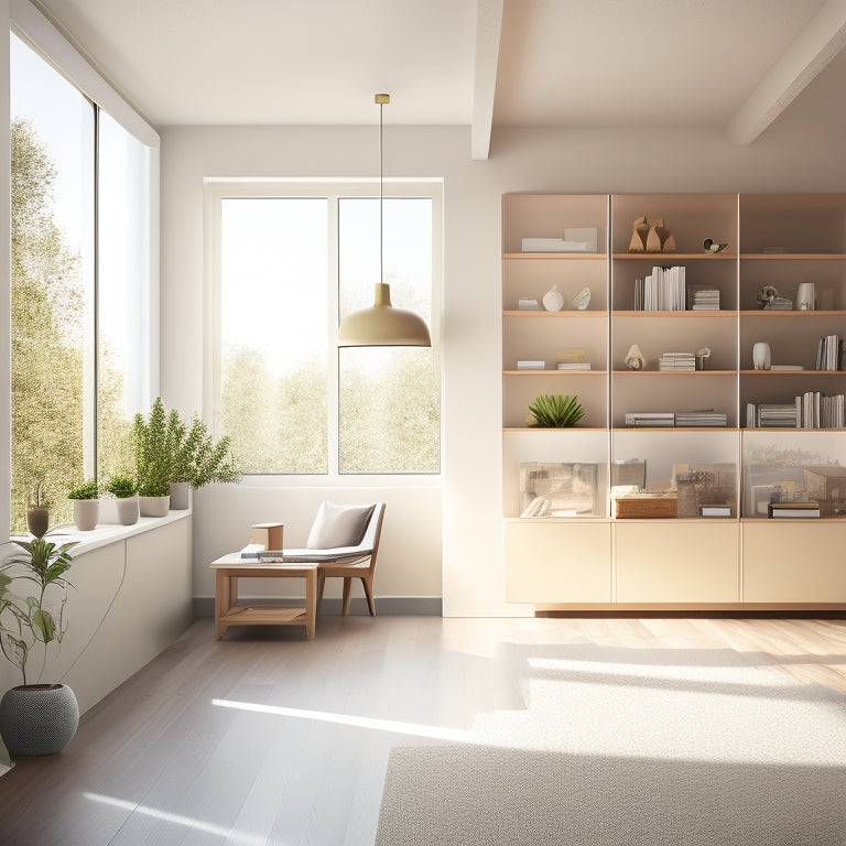 An illustration of a modern, minimalist room with adjustable shelf cabinets in various configurations, showcasing adaptability and sustainability, with natural light pouring in through large windows.