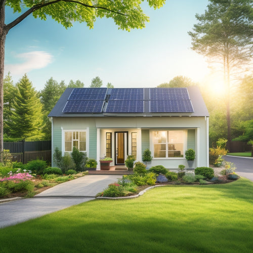 A serene suburban home with solar panels on the roof, a small wind turbine in the backyard, and a kinetic energy-harvesting pavement leading to the front door, surrounded by lush greenery.