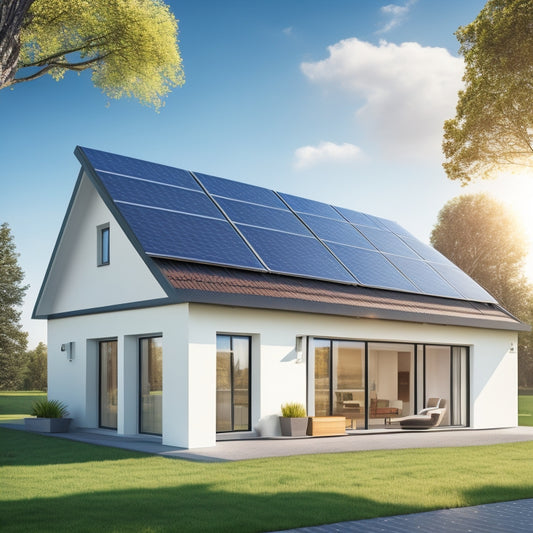 A modern, sleek home with solar panels on the roof, a battery bank with 4-6 units in a tidy arrangement on the wall, and a subtle background of a sunny day with fluffy white clouds.