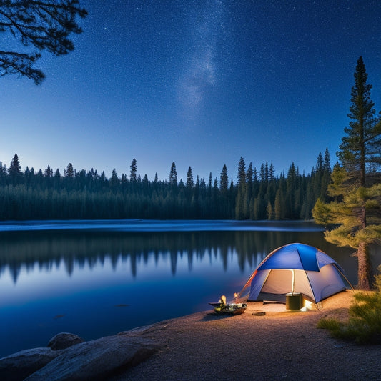 A serene campsite under a starlit sky, featuring a solar panel charging a portable lantern, a compact solar cooker, and eco-friendly gear scattered around a cozy tent, surrounded by towering pine trees and a tranquil lake.