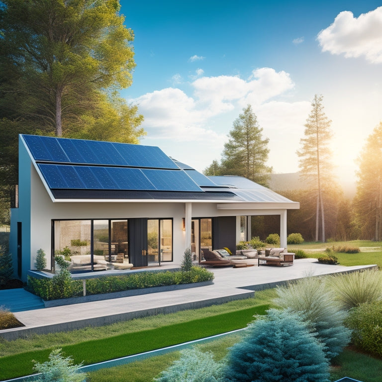 A serene landscape showcasing a modern home adorned with sleek solar panels on the roof, surrounded by vibrant greenery, with a stylish battery storage unit nearby, all under a bright blue sky.