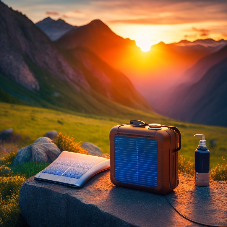 A portable power bank with solar panels on top, surrounded by outdoor gear like a backpack, water bottle, and camping stove, set against a serene mountain landscape at sunset.