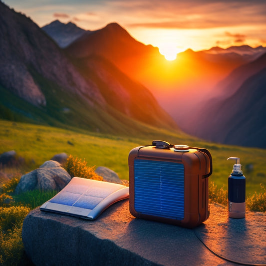 A portable power bank with solar panels on top, surrounded by outdoor gear like a backpack, water bottle, and camping stove, set against a serene mountain landscape at sunset.