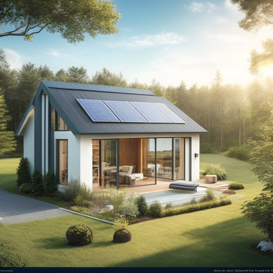 An illustration of a modern, eco-friendly home surrounded by lush greenery, with solar panels on the roof, a wind turbine in the backyard, and a battery storage system visible through a window.