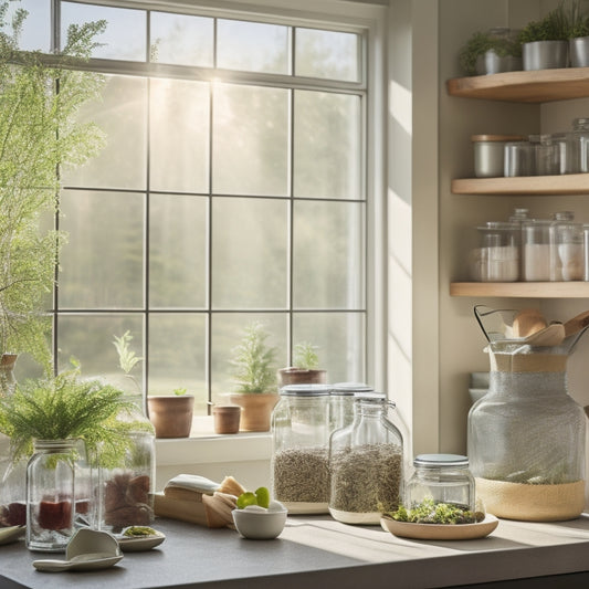 A serene kitchen scene showcasing glass jars filled with bulk foods, vibrant potted herbs, reusable cloth bags, a compost bin, and sunlight streaming through a window, creating a warm, inviting atmosphere for sustainable living.