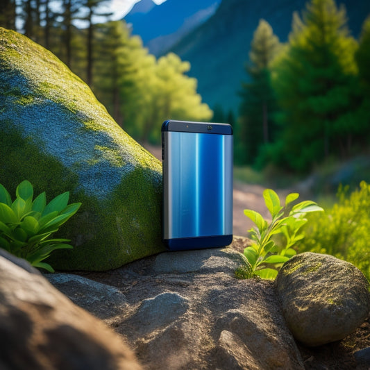 A sleek, silver solar power bank with a dark blue backing lies on a rocky mountain trail, surrounded by lush greenery, with a few scattered hiking gears in the background.