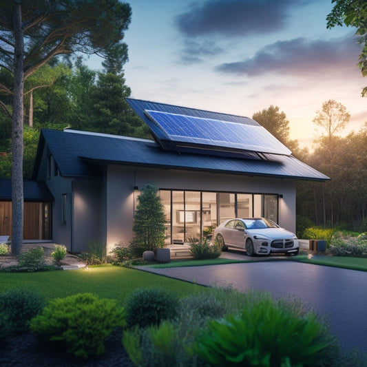 A modern home with solar panels on the roof, a sleek battery backup system in the garage, and a glowing LED light indicating a fully charged battery, surrounded by lush greenery.