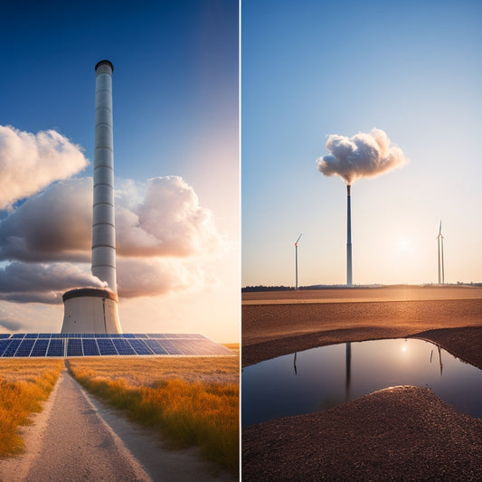 A split scene: on one side, a bright solar farm with gleaming panels under a blue sky, and on the other, a smoky fossil fuel power plant emitting dark clouds, contrasting sunlight with pollution.