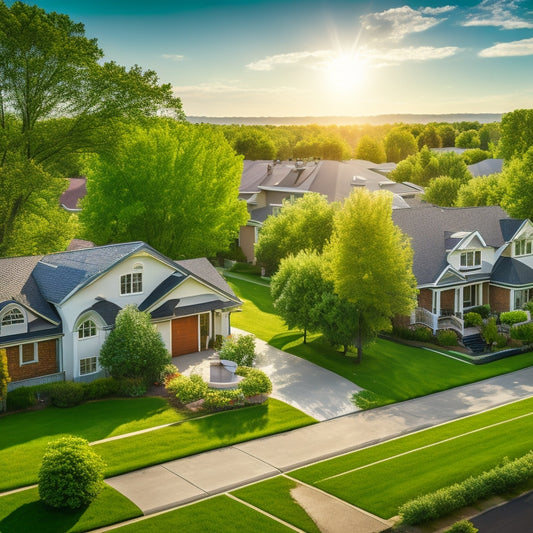 A serene suburban neighborhood with rooftops adorned with sleek, black solar panels, angled to harness sunlight, amidst lush green trees and a bright blue sky with fluffy white clouds.