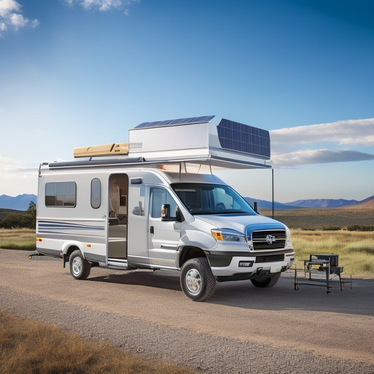 A photorealistic image of a recreational vehicle (RV) with a ladder leaning against the side, a toolbox open on the ground, and a solar panel array being installed on the roof, with a sunny sky in the background.