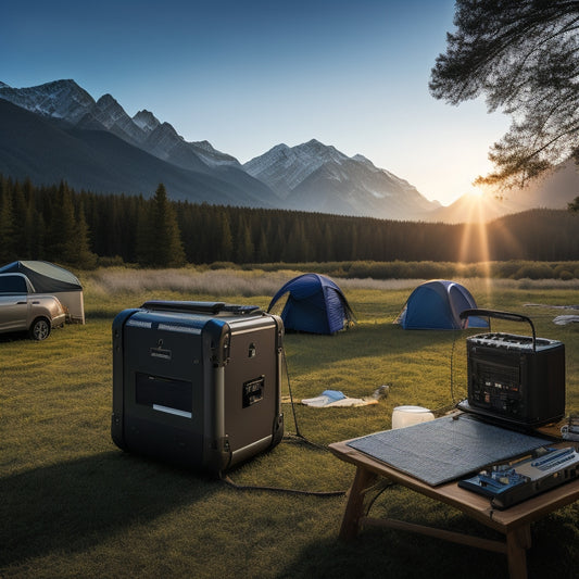 An image featuring a portable, solar-powered generator surrounded by outdoor event equipment, including a tent, stage lights, and sound equipment, set against a serene natural backdrop of mountains and trees.