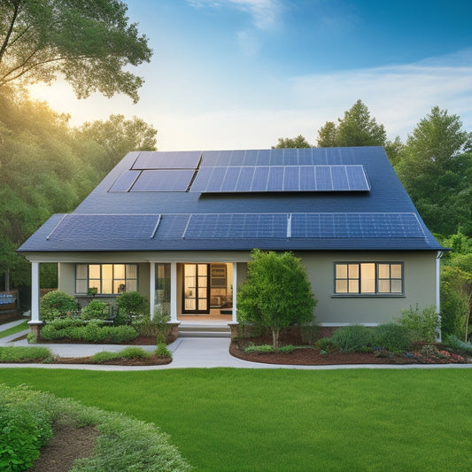 A serene suburban home with a rooftop solar array, surrounded by lush greenery, featuring a battery bank and inverter in the backyard, connected to a smart energy management system.